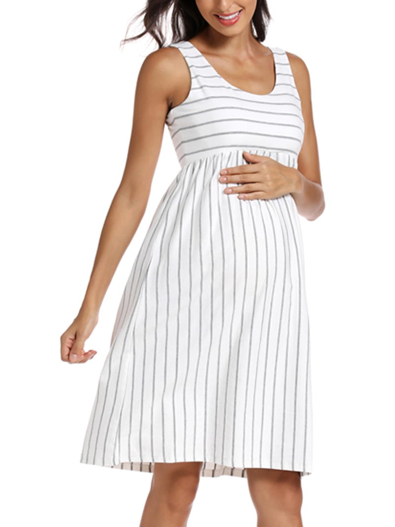 Ecavus Womens Maternity Tank Dress Stripe Color Block Sleeveless Knee Length for Baby Shower - Image 2